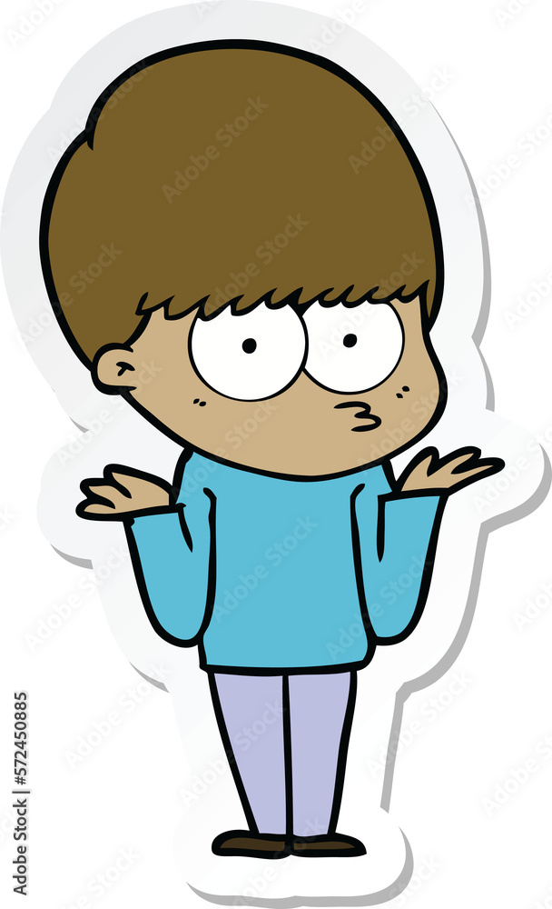 sticker of a confused cartoon boy shrugging shoulders sticker of a confused cartoon boy shrugging shoulders