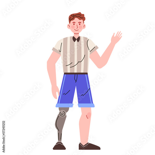 Happy young man with a prosthetic leg. Adult wearing a prosthesis. Handicapped person, male character with artificial limb. Flat illustration in cartoon style. Vector isolated on white.