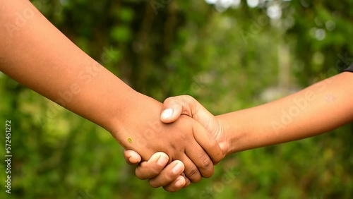 two businessman person handshake, concept for partnership in agreement and success in professional teamwork deal, closeup of greeting partner between businesswoman and client