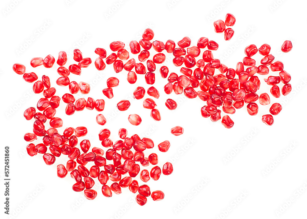 Ripe pomegranate seeds isolated on a white background , top view.