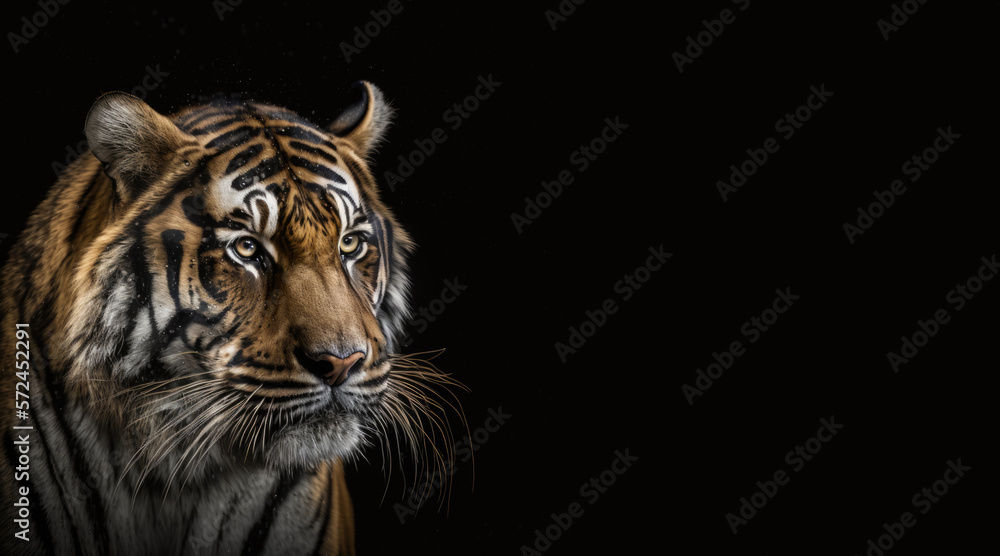 Fototapeta premium portrait of a tiger, photo studio set up with key light, isolated with black background and copy space - generative ai
