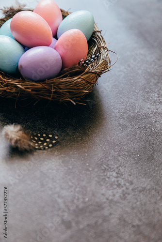 Happy Easter concept. Preparation for holiday. Colorful pastel decorated easter eggs in nest on grunge scratched dark black shale background. Simple minimalism copy space