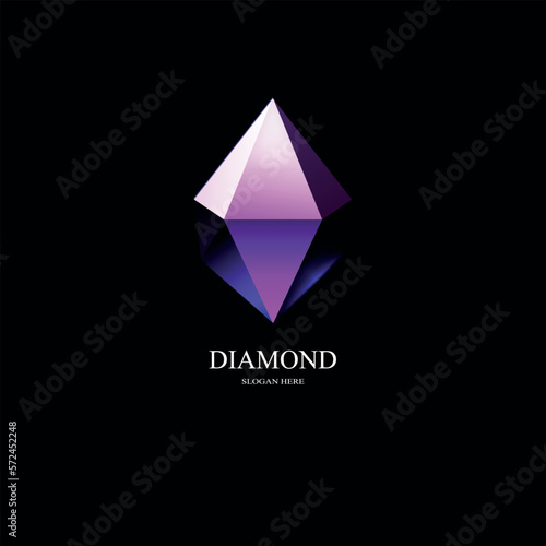 Diamond violet precious stone with 3D effect on black background. Colorful jewelry icon art design template. Vector illustration.