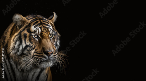 portrait of a tiger, photo studio set up with key light, isolated with black background and copy space - generative ai