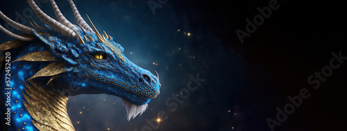 Dragon blue hues, celestial background, awesome dragon, esoteric, fantasy, concept of dragon energy, cosmic energy, mythical creature, legend, universe, magic, mystery. Generative AI