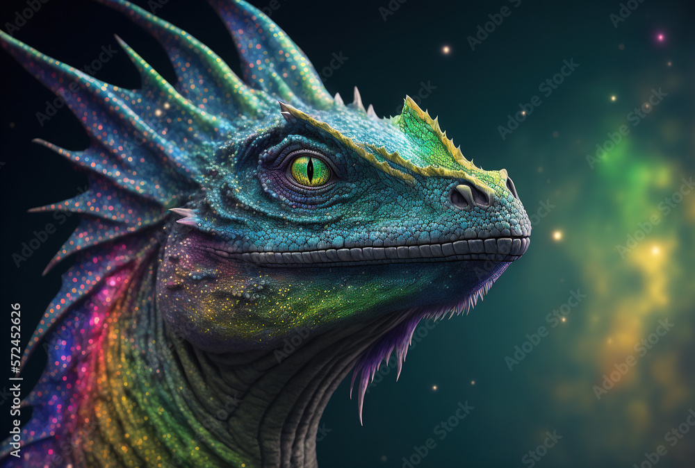 Fototapeta premium Dragon rainbow hues, celestial background, friendly dragon, esoteric, fantasy, concept of dragon energy, cosmic energy, mythical creature, legend, universe, magic, mystery. Generative AI