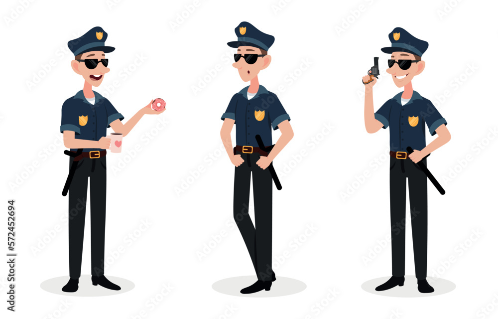 Vector illustration of a handsome policeman isolated on a white background. Charming policeman characters in glasses and uniform with different emotions and poses in cartoon style. Vector illustration of a handsome policeman isolated on a white background. Charming policeman characters in glasses and uniform with different emotions and poses in cartoon style.