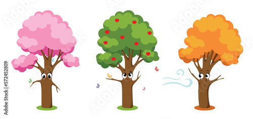 Vector illustration of cute and beautiful trees of the seasons on white background. Charming tree characters: blooming spring, summer tree with apples, butterflies, autumn tree with fallen leaves.