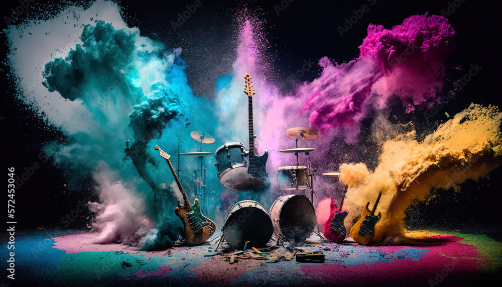 Guitars and drums  with rainbow paint energetic explosion, Generative AI. - obrazy, fototapety, plakaty 