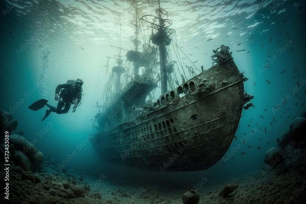 diving to an old pirate ship wreck created with generative ai tools ...