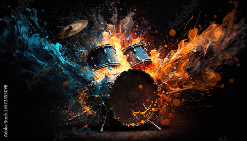 Tablou canvas Drum kit with rainbow paint energetic explosion, Generative AI.