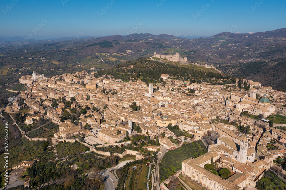 extended frontal aerial view of the city of assisi umbria