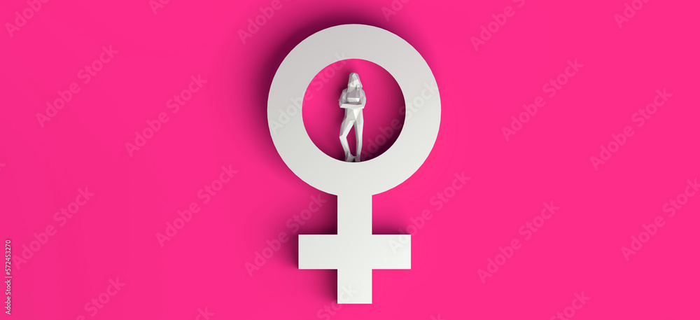 Obraz premium Banner with female symbol and woman inside. International Day for the Elimination of Violence against Women. November 25. Feminism. 3d illustration. Women's Day, March 8.