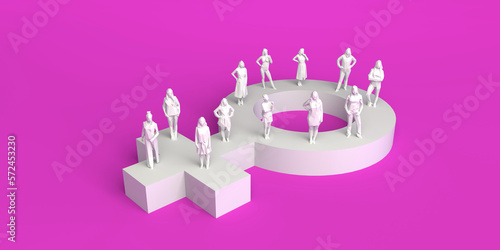 Banner with female symbol and women on top. International Day for the Elimination of Violence against Women. Feminism. 3d illustration. International Women's Day. March 8. photo
