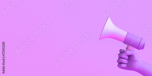 Pink banner with megaphone. Feminism. 3D illustration. International Women's Day. 8 March. Copy space.