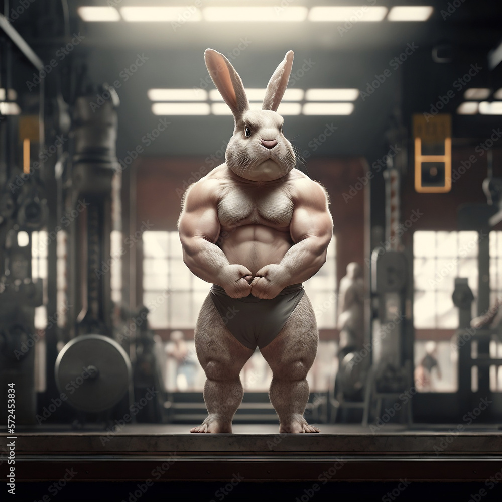 A buff Rabbit at the Gym, a Rabbit working out, Generative Ai