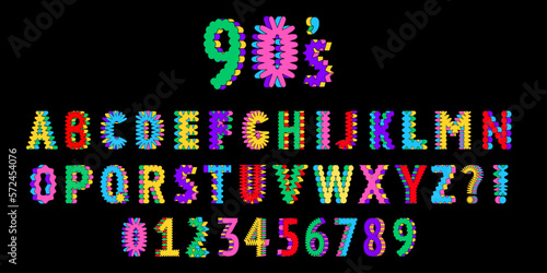 90s or Y2K retro font with 3D imitation. Bright colorful alphabet letters and numbers