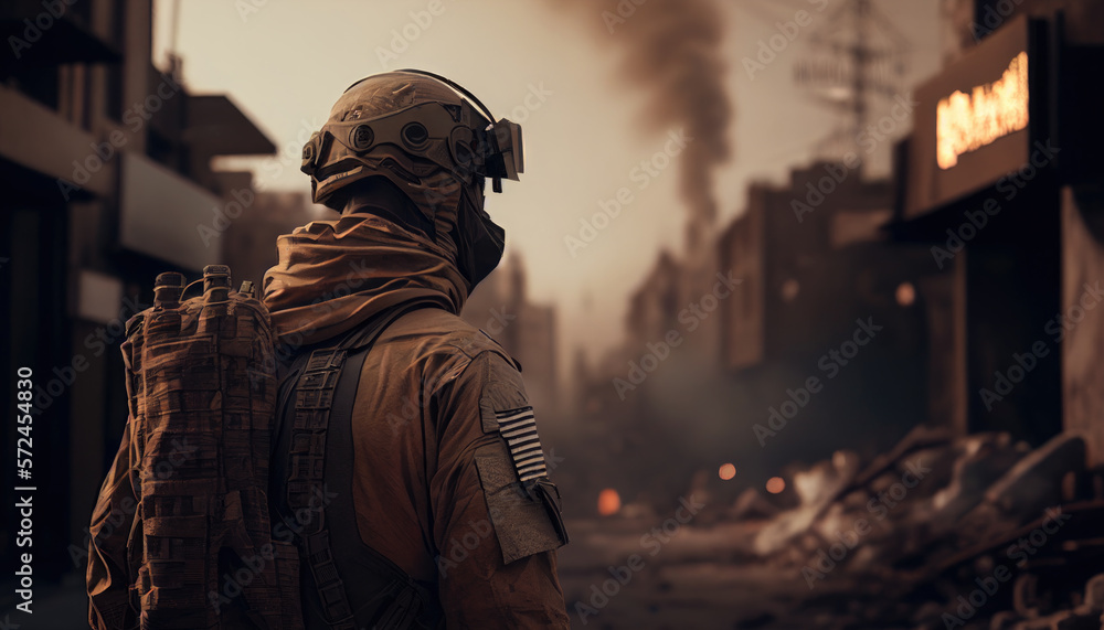 Soldier in the City created with Generative AI Technology, ai, generative Soldier in the City created with Generative AI Technology, ai, generative