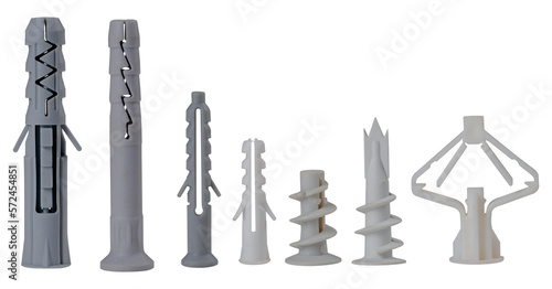 Tableau sur toile Plastic dowels of various types for fixing screws in the wall on an isolated background