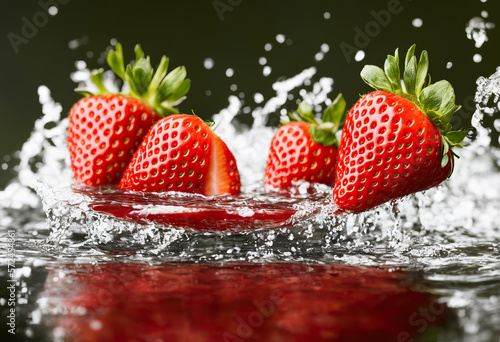 Fresh strawberries with water splash on green background.