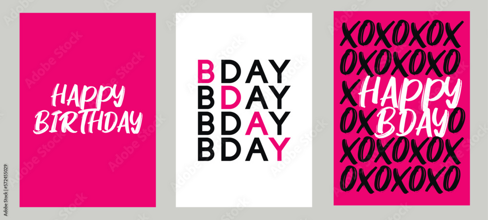 Set of bright Happy Birthday posters. Vector illustrations. Postcards, cards, covers