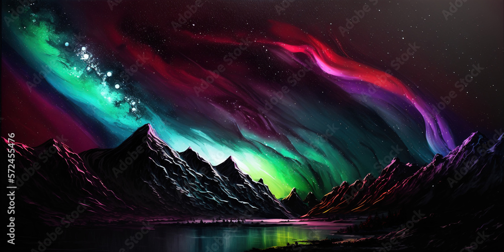 Aurora Borealis Northern Lights over Majestic Mountains and Lake Nature Background