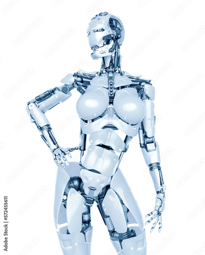 cyborg girl is doing a pin up pose on white background cyborg girl is doing a pin up pose on white background