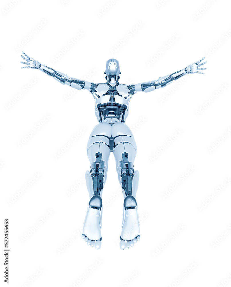 cyborg girl is flying free on white background rear view cyborg girl is flying free on white background rear view