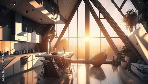 Everyone's dream modern interior elegant kitchen with big windows and amazing design at golden hour