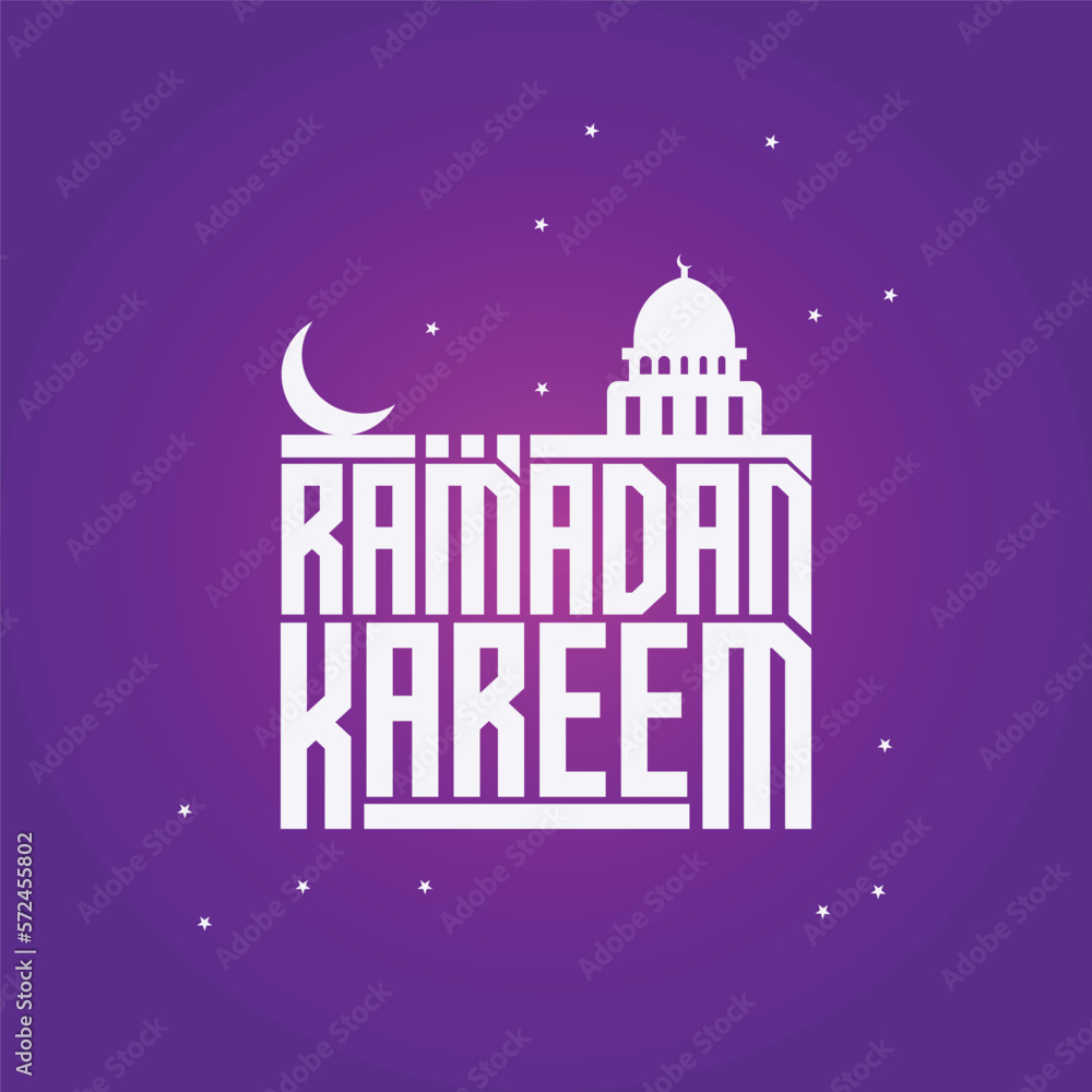 Ramadan Kareem vector, text in with Moon and Mosque. Ramadan Kareem typography Islamic background.