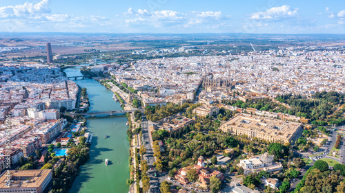 Aerial view of the Spanish city of Seville in the Andalusia region on the river Guadaquivir overlooking the cathedral and Real Alcazar