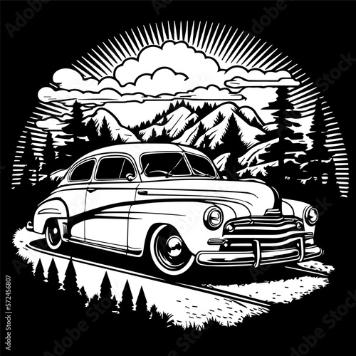 Retro car. Vector illustration of hand drawn car outline