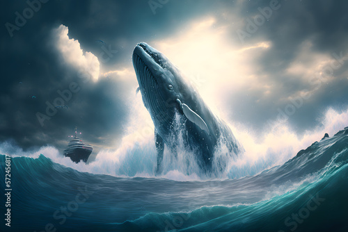 Big whale jump in ocean creative background, generative ai.