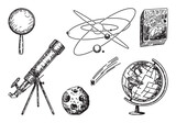 Astronomy lesson school attributes collection. Set of telescope, globe, textbook, magnifying glass, cosmic body. Hand drawn vector illustrations. Back to school cliparts isolated on white.