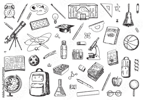 School attributes sketches collection. Set of textbooks, laboratory and classes equipment, stationery items. Hand drawn vector illustrations. Back to school clip arts isolated on white.