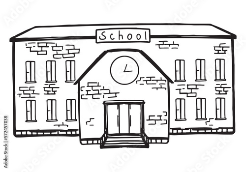 School building front sketch. Back to school outline clipart. Hand drawn vector illustration isolated on white.