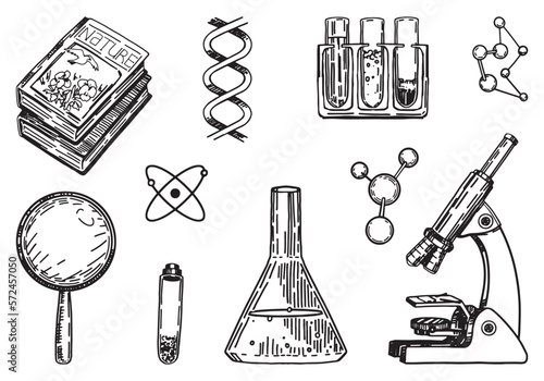 Biology chemistry lesson school attributes collection. Set of microscope, laboratory beakers, textbook, magnifying glass, formulas. Hand drawn vector illustrations cliparts isolated on white.