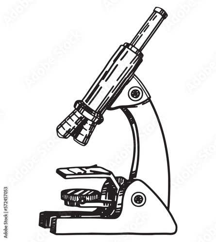 Old microscope sketch. Chemistry or biology equipment, education, laboratory tool outline clip art. Hand drawn vector illustration isolated on white.