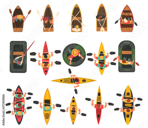 Man Rafting on Inflatable Raft and Wooden Boat with Paddle or Oar Above View Vector Set