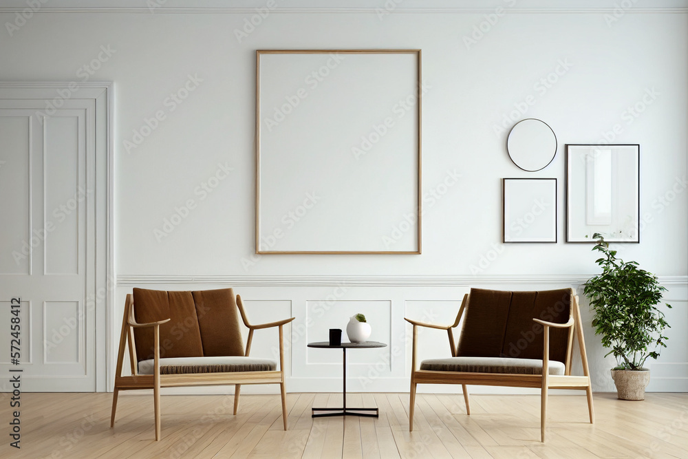 living room with white empty picture frame, two chairs and small table, plants, well-lit space, interior design made with Generative AI living room with white empty picture frame, two chairs and small table, plants, well-lit space, interior design made with Generative AI