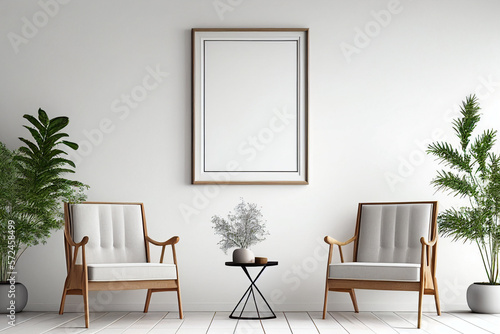 living room with white empty picture frame, two chairs and small table, plants, well-lit space, interior design made with Generative AI