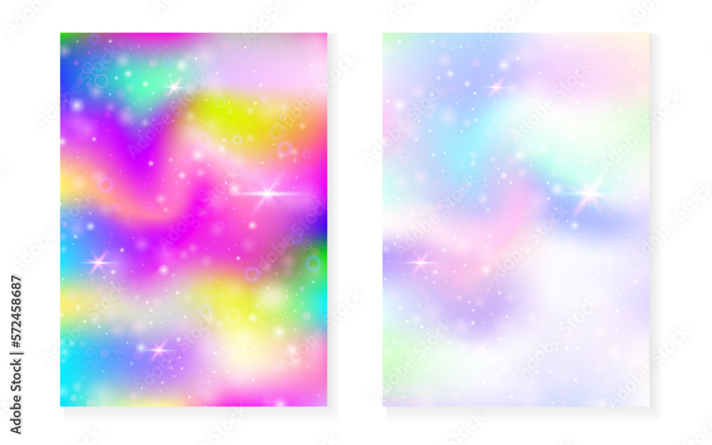 Rainbow background with kawaii princess gradient. Magic unicorn hologram.