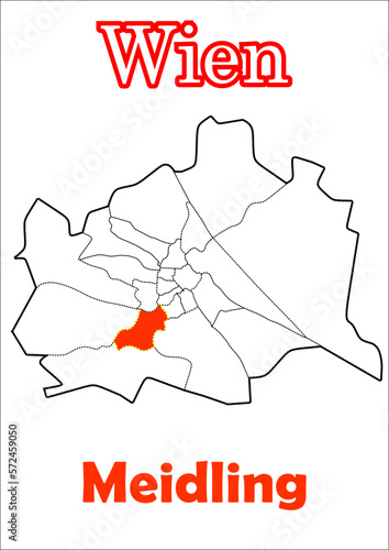 Tableau sur toile Wien Stadtkarte mit Bezirke Meidling Vektor Karte Rot und Weiß