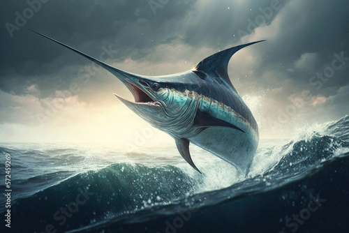 The swordfish jumps out of the rough ocean, illustration generative AI photo