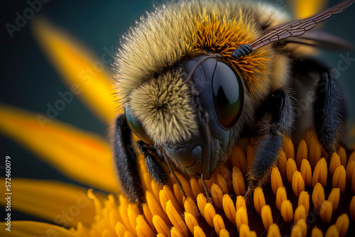 Fluffy Bee on sunflower, macrophotography. AI-Generated © Lemart