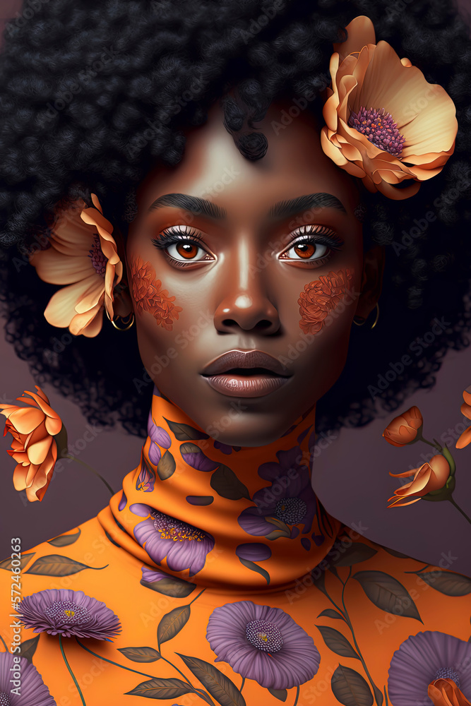 A beautiful young black woman with beautiful orange make-up, wearing a pale orange top turttle neck, with a orange flower print, Bouquet of orange flowers behind her head. AI-Generated