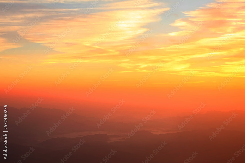 Sunrise sky over the foggy mountains in the wild. Wonderful world. Environment protection