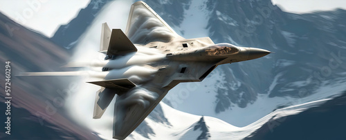 Lockheed Martin F-22 breaks the sound barrier over the swiss alps, sonic boom. AI-Generated photo