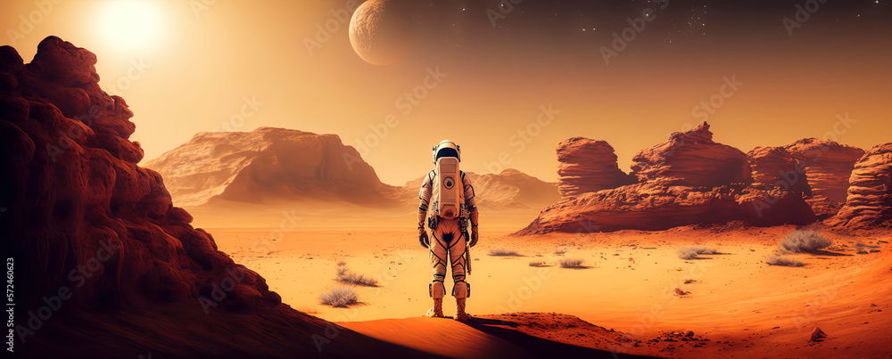 Astronaut on mars the red planet. Landscape with desert and mountains, Colonization of Mars. AI-Generated