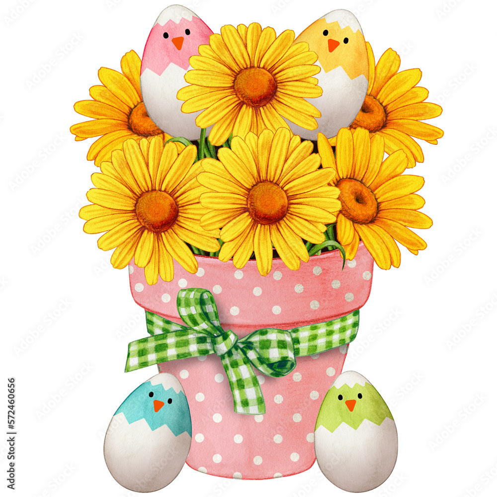 Watercolor flower pot full od yellow daisies and decorated eggs